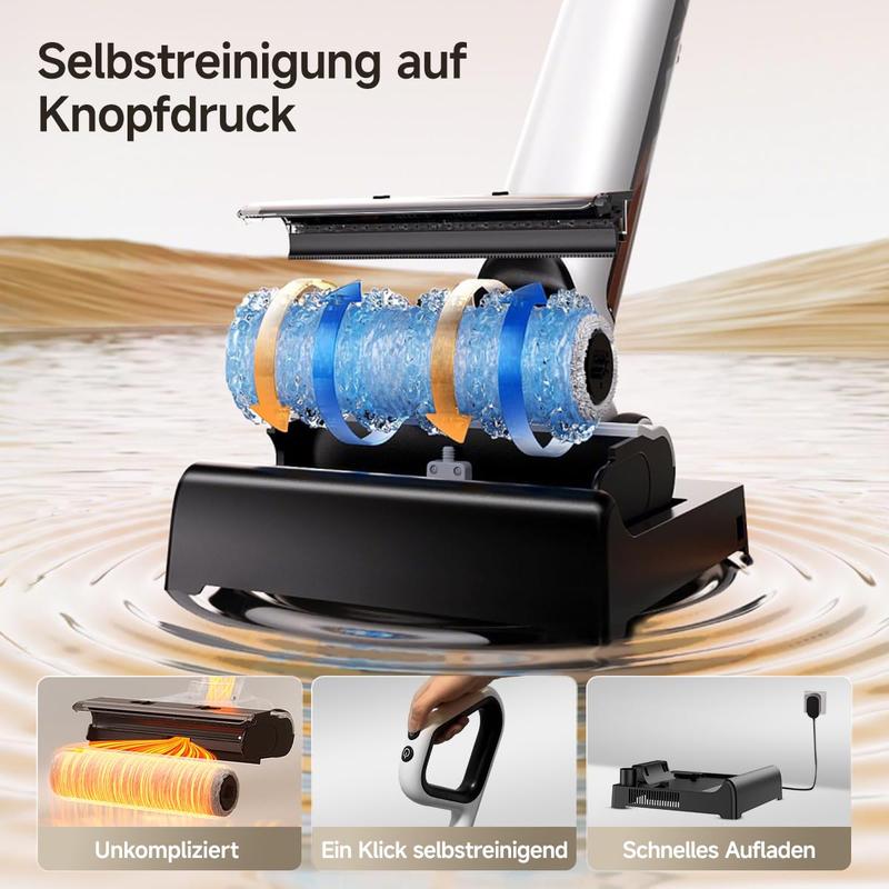 Uwant D500 Nass-/Trockensauger, Geruchskontrolle im Abwasserbehälter, 180° flachliegende Saugwippe, 17.000 Pa Saugleistung, leise Heißtrocknung bis 65 °C, selbstreinigend, freie Faserführung, IPX6 wasserdicht für Böden