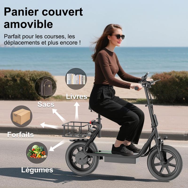 AOVOPRO 500W Monopattino elettrico, pneus de 14 pouces, vitesse maximale 25 km/h,autonomie 43/78 km, système de suspension hydraulique, guidon pliable avec panier.