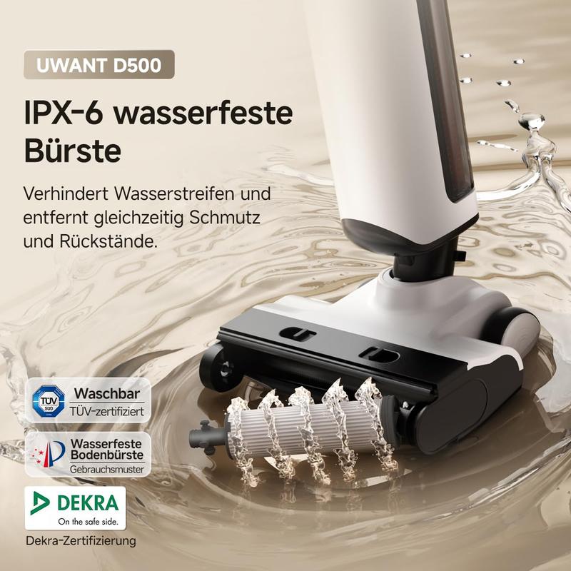 Uwant D500 Nass-/Trockensauger, Geruchskontrolle im Abwasserbehälter, 180° flachliegende Saugwippe, 17.000 Pa Saugleistung, leise Heißtrocknung bis 65 °C, selbstreinigend, freie Faserführung, IPX6 wasserdicht für Böden