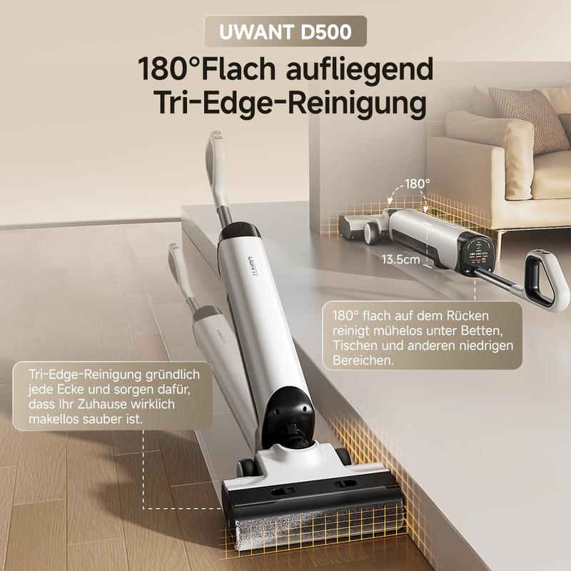 Uwant D500 Nass-/Trockensauger, Geruchskontrolle im Abwasserbehälter, 180° flachliegende Saugwippe, 17.000 Pa Saugleistung, leise Heißtrocknung bis 65 °C, selbstreinigend, freie Faserführung, IPX6 wasserdicht für Böden