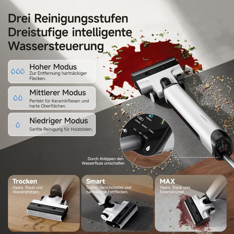 Uwant D500 Nass-/Trockensauger, Geruchskontrolle im Abwasserbehälter, 180° flachliegende Saugwippe, 17.000 Pa Saugleistung, leise Heißtrocknung bis 65 °C, selbstreinigend, freie Faserführung, IPX6 wasserdicht für Böden