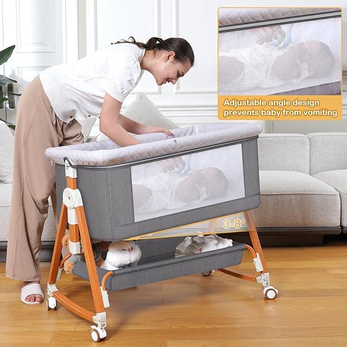 Baby Bassinet Sleeper, 6 Height Adjustable Cribs,Easy to Fold Portable Crib Side Bassinet, SwingCradle Bed Side Sleeper with VentilatedNet&Wheels