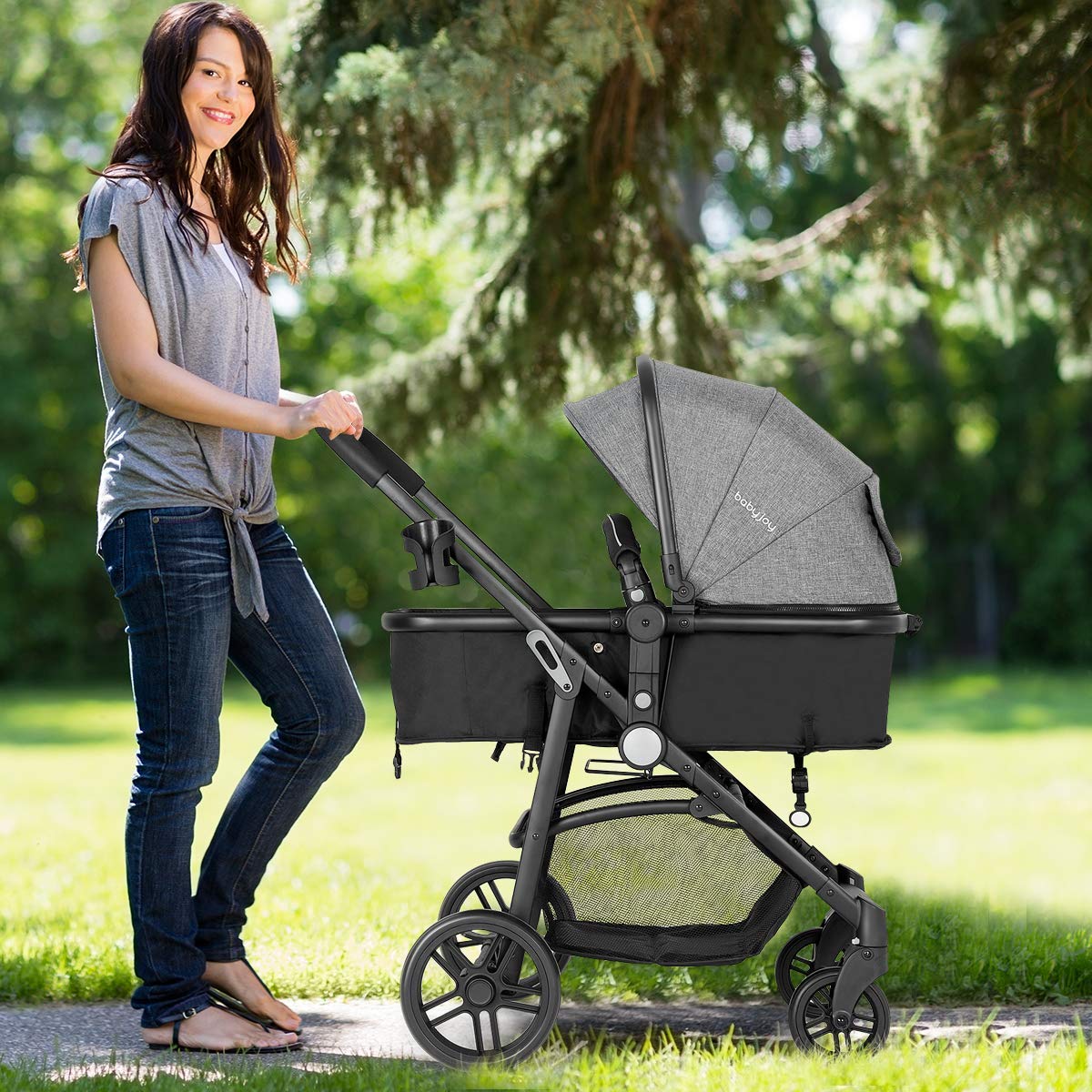 Baby Stroller, High Landscape Convertible Infant Bassinet Stroller, Adjustable Canopy & Backrest, Storage Basket, Cup Holder, Foldable Newborn Carriage Pram Stroller Pink)