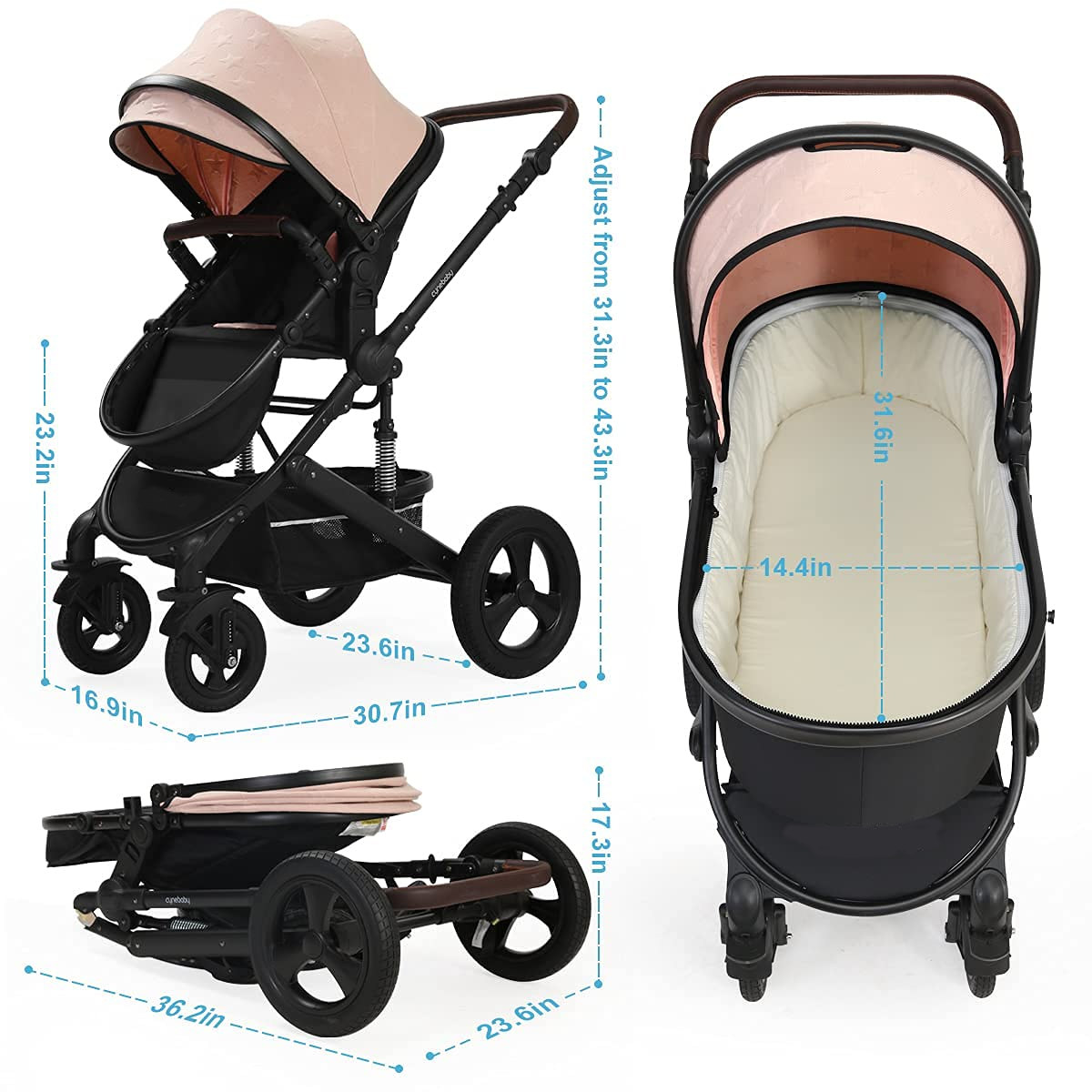 Newborn Infant Toddler Baby Stroller - Cynebaby 2 in 1 High Landscape Convertible Reversible Anti-Shock Bassinet Carriage Pram Stroller Add Cup Holder, Footmuff and Diaper Bag (Green)