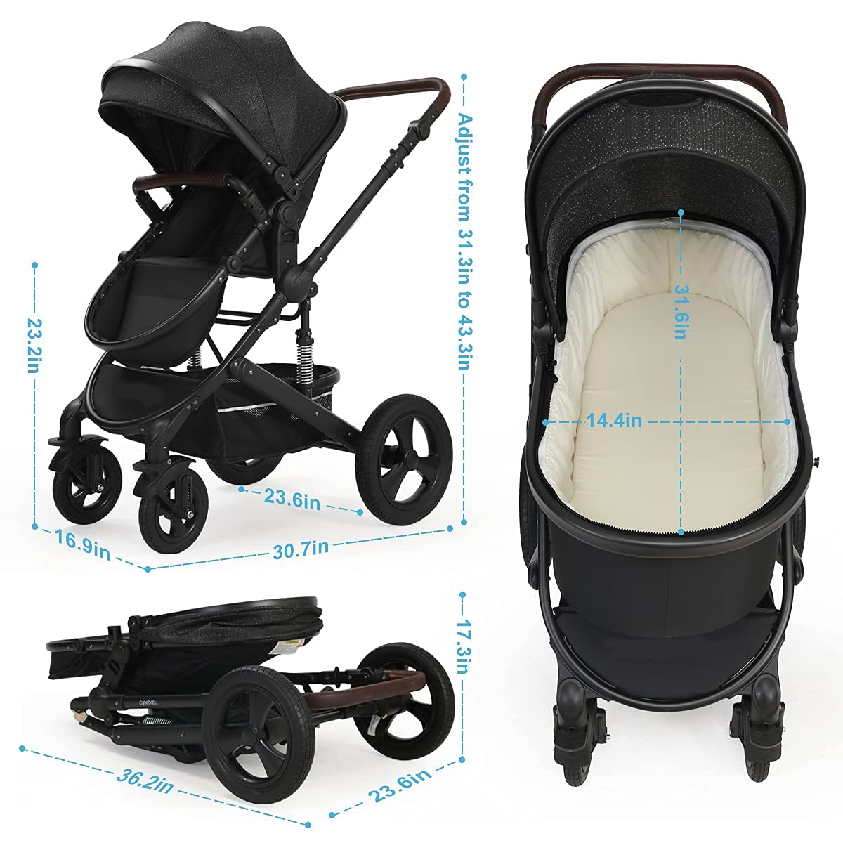Newborn Infant Toddler Baby Stroller - Cynebaby 2 in 1 High Landscape Convertible Reversible Anti-Shock Bassinet Carriage Pram Stroller Add Cup Holder, Footmuff and Diaper Bag (Green)