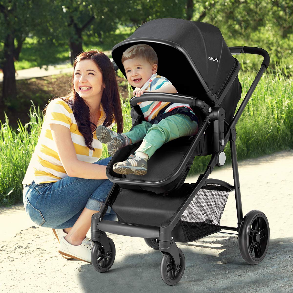 Baby Stroller, High Landscape Convertible Infant Bassinet Stroller, Adjustable Canopy & Backrest, Storage Basket, Cup Holder, Foldable Newborn Carriage Pram Stroller Pink)