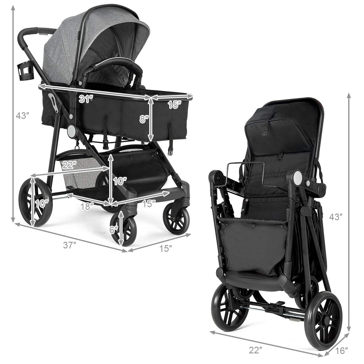 Baby Stroller, High Landscape Convertible Infant Bassinet Stroller, Adjustable Canopy & Backrest, Storage Basket, Cup Holder, Foldable Newborn Carriage Pram Stroller Pink)