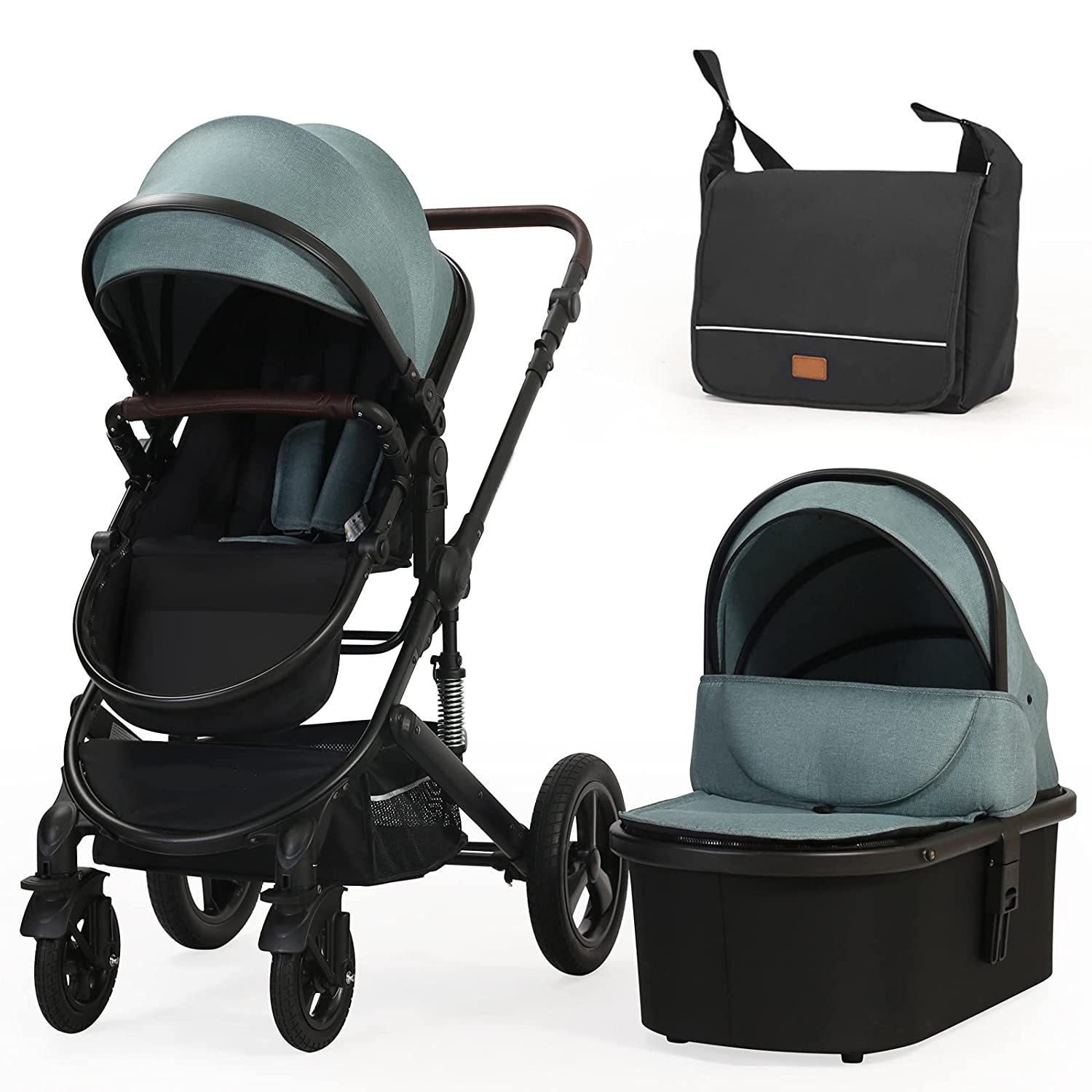 Newborn Infant Toddler Baby Stroller - Cynebaby 2 in 1 High Landscape Convertible Reversible Anti-Shock Bassinet Carriage Pram Stroller Add Cup Holder, Footmuff and Diaper Bag (Green)