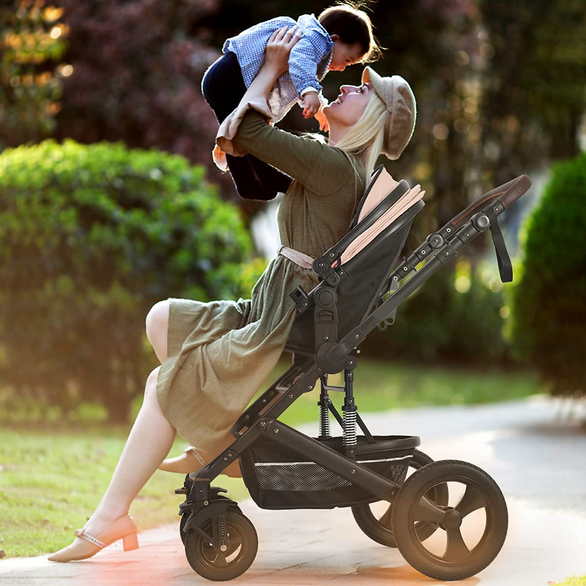 Newborn Infant Toddler Baby Stroller - Cynebaby 2 in 1 High Landscape Convertible Reversible Anti-Shock Bassinet Carriage Pram Stroller Add Cup Holder, Footmuff and Diaper Bag (Green)