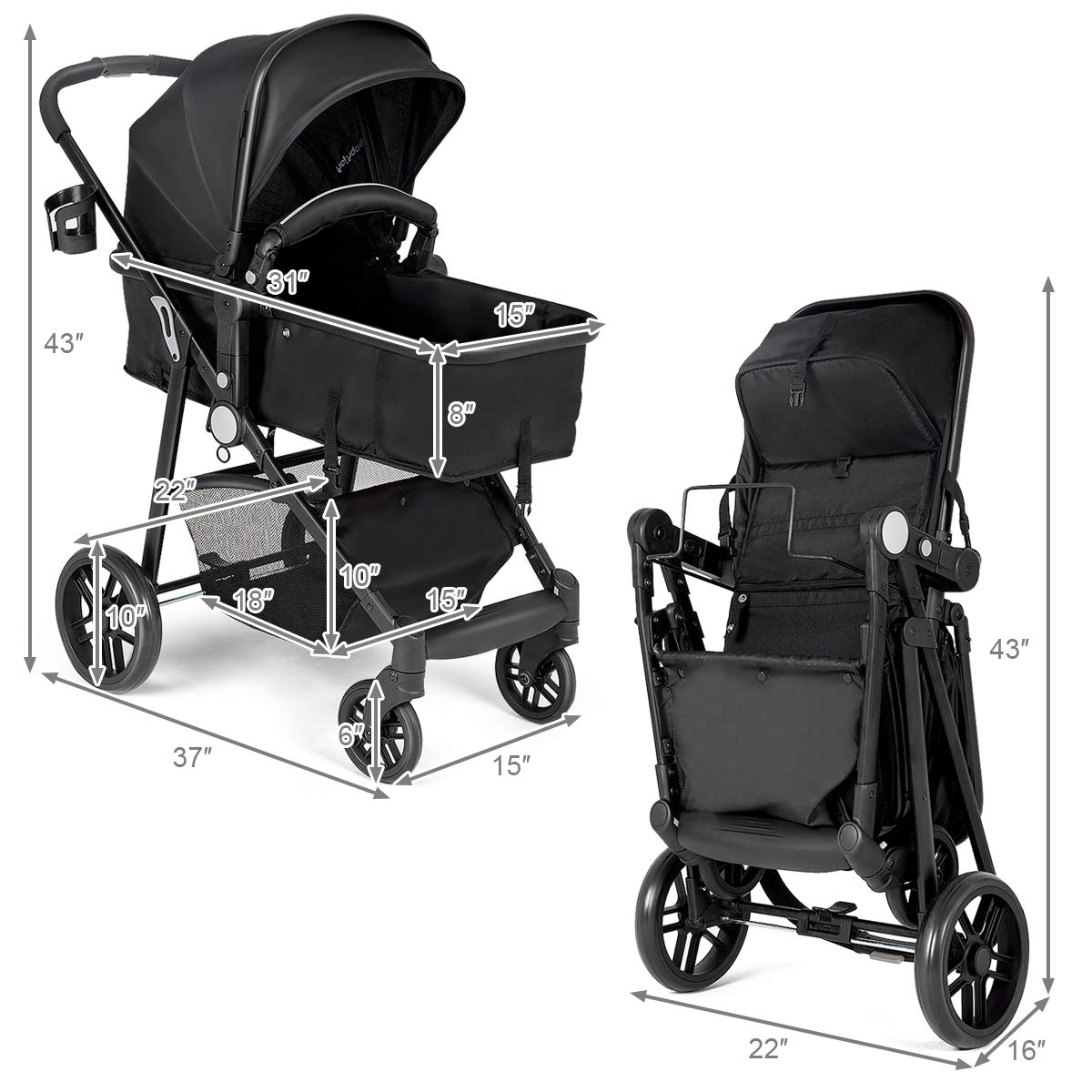 Baby Stroller, High Landscape Convertible Infant Bassinet Stroller, Adjustable Canopy & Backrest, Storage Basket, Cup Holder, Foldable Newborn Carriage Pram Stroller Pink)