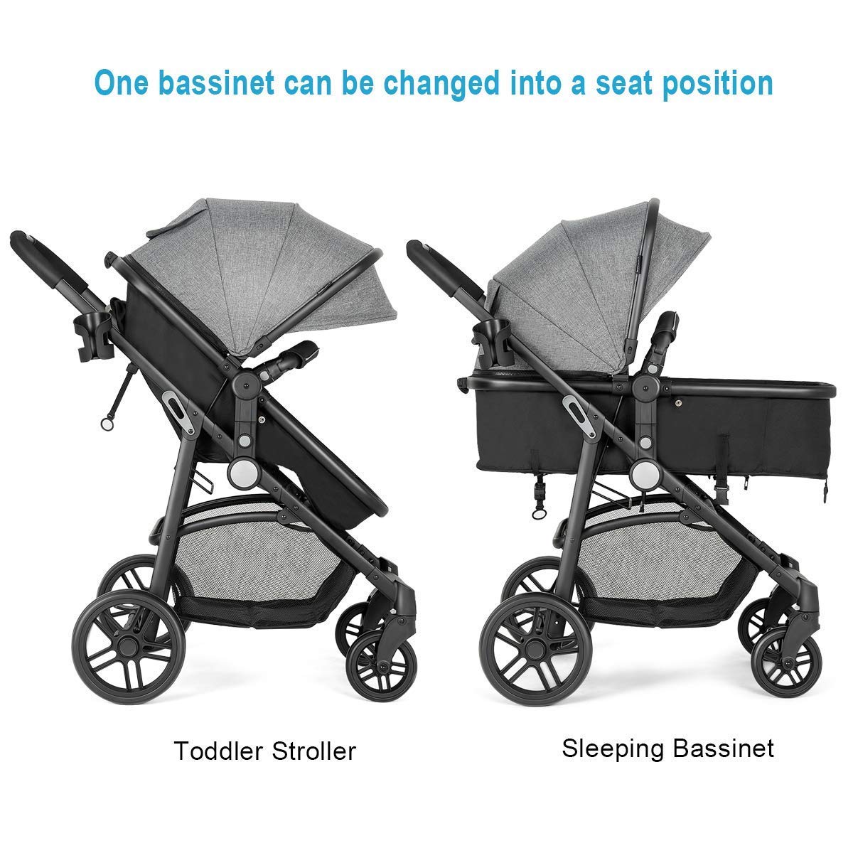 Baby Stroller, High Landscape Convertible Infant Bassinet Stroller, Adjustable Canopy & Backrest, Storage Basket, Cup Holder, Foldable Newborn Carriage Pram Stroller Pink)