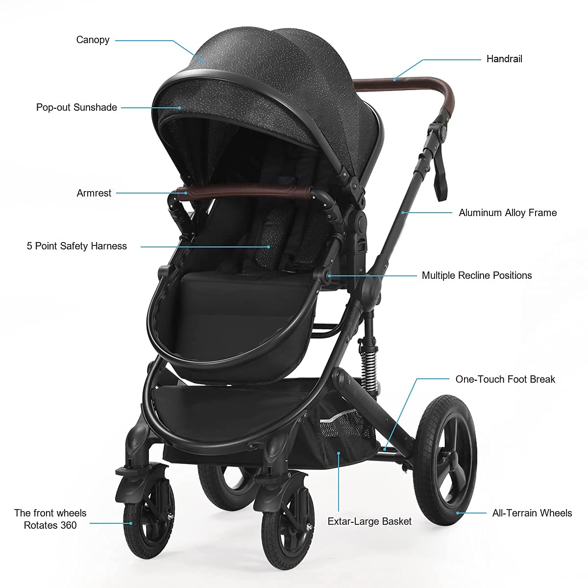 Newborn Infant Toddler Baby Stroller - Cynebaby 2 in 1 High Landscape Convertible Reversible Anti-Shock Bassinet Carriage Pram Stroller Add Cup Holder, Footmuff and Diaper Bag (Green)
