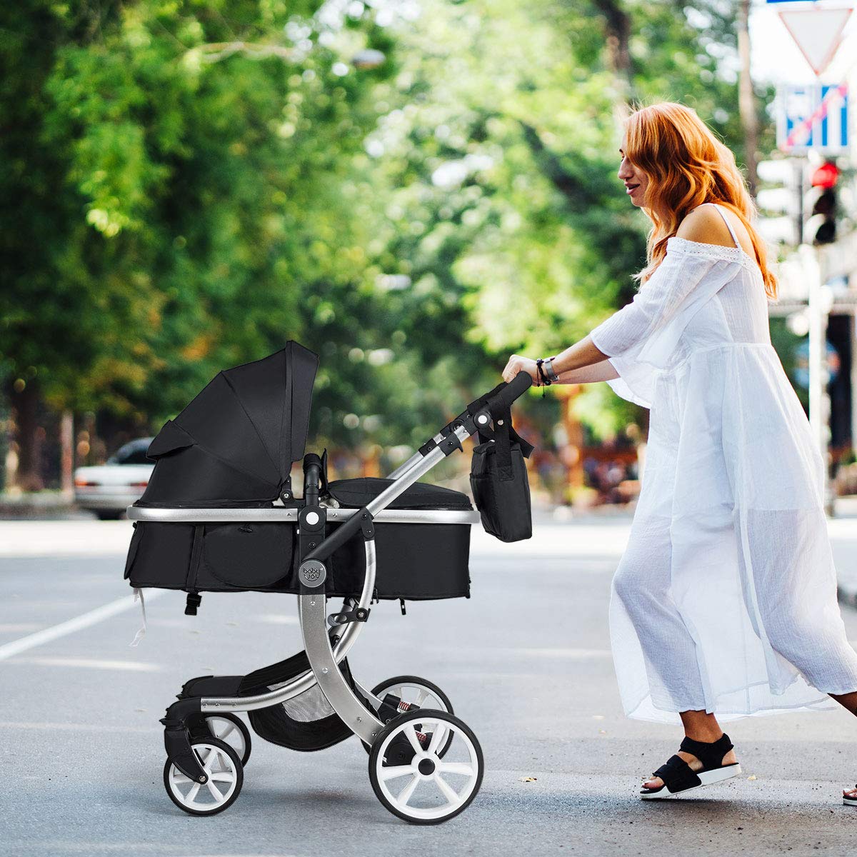 Baby Stroller, High Landscape Convertible Infant Bassinet Stroller, Adjustable Canopy & Backrest, Storage Basket, Foot Cover, Foldable Newborn Carriage Pram Stroller (Gray)