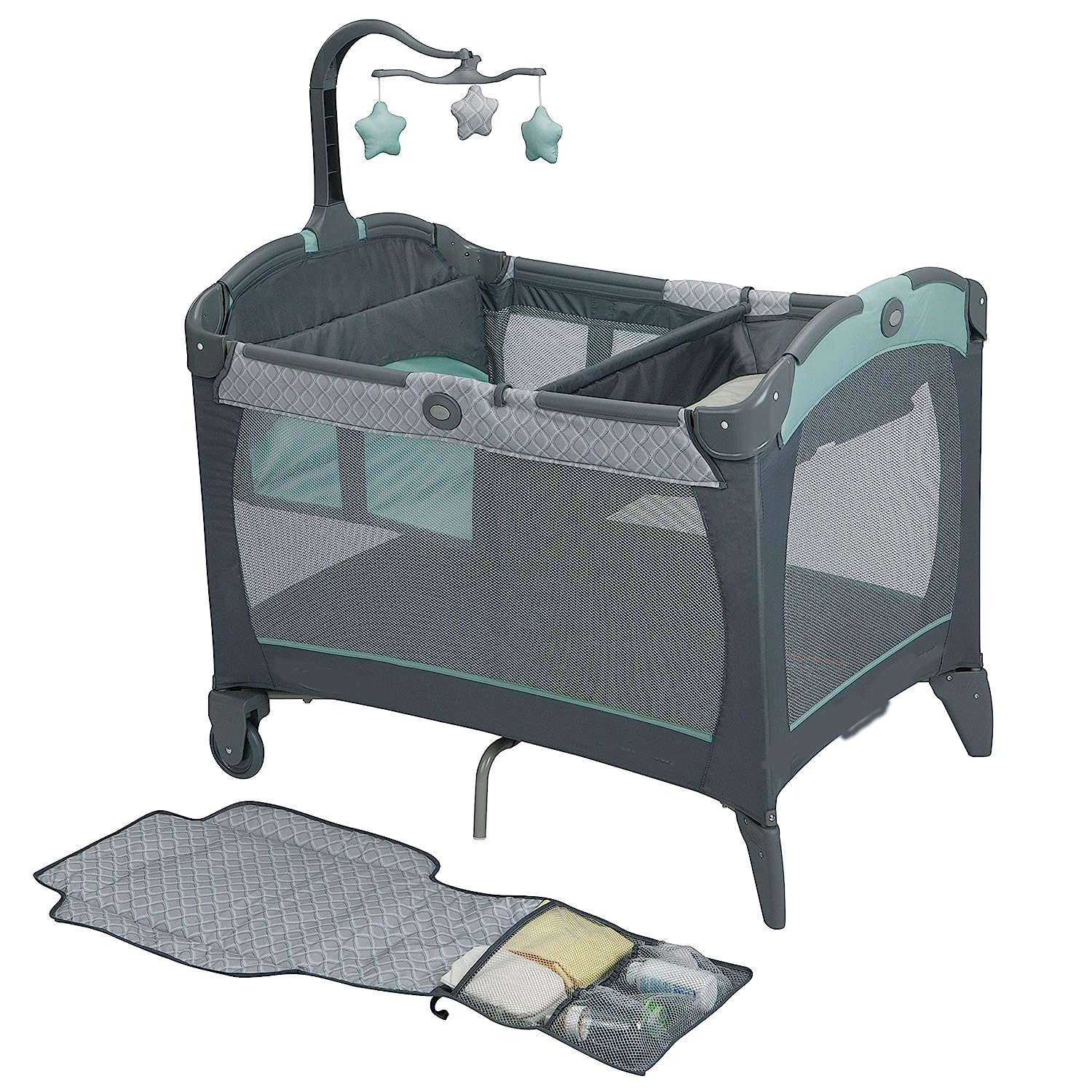 Pack and Play Change 'n Carry Playard | Includes Portable Changing Pad, Manor, 40x28.5x29 Inch (Pack of 1)