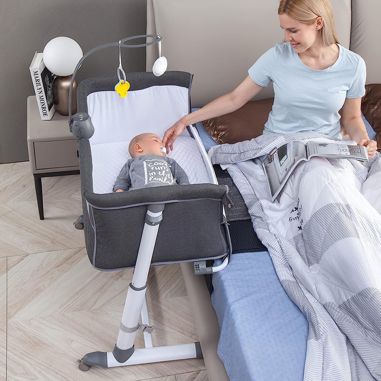 Baby Bedside Baby Bassinet, Best Bed Cribs for Infant Newborn, Portable Sleeper for Safer Co-Sleeping, Bed Crib Plus Hanging Figurine, Music, and Built-in Wheels - Girl Boy Unisex