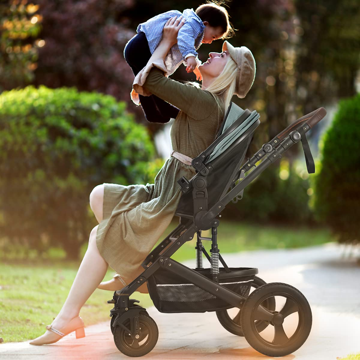 Newborn Infant Toddler Baby Stroller - Cynebaby 2 in 1 High Landscape Convertible Reversible Anti-Shock Bassinet Carriage Pram Stroller Add Cup Holder, Footmuff and Diaper Bag (Green)