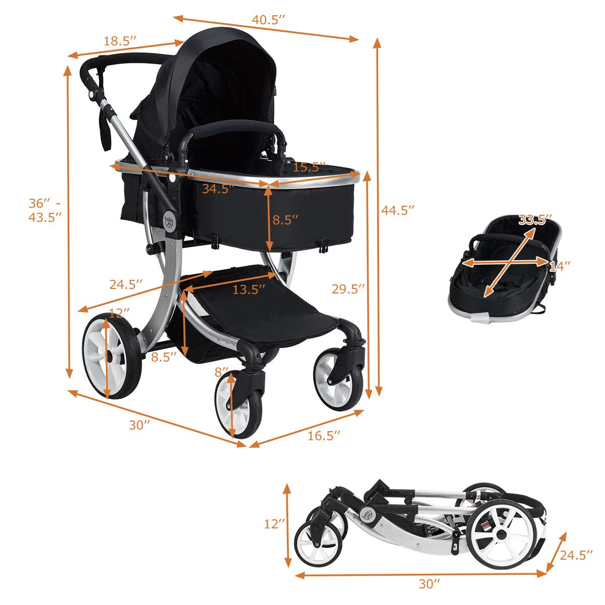 Baby Stroller, High Landscape Convertible Infant Bassinet Stroller, Adjustable Canopy & Backrest, Storage Basket, Foot Cover, Foldable Newborn Carriage Pram Stroller (Gray)