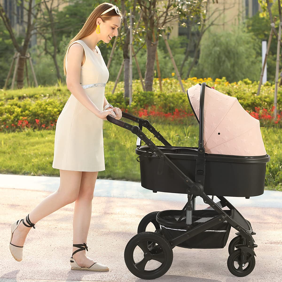 Newborn Infant Toddler Baby Stroller - Cynebaby 2 in 1 High Landscape Convertible Reversible Anti-Shock Bassinet Carriage Pram Stroller Add Cup Holder, Footmuff and Diaper Bag (Green)