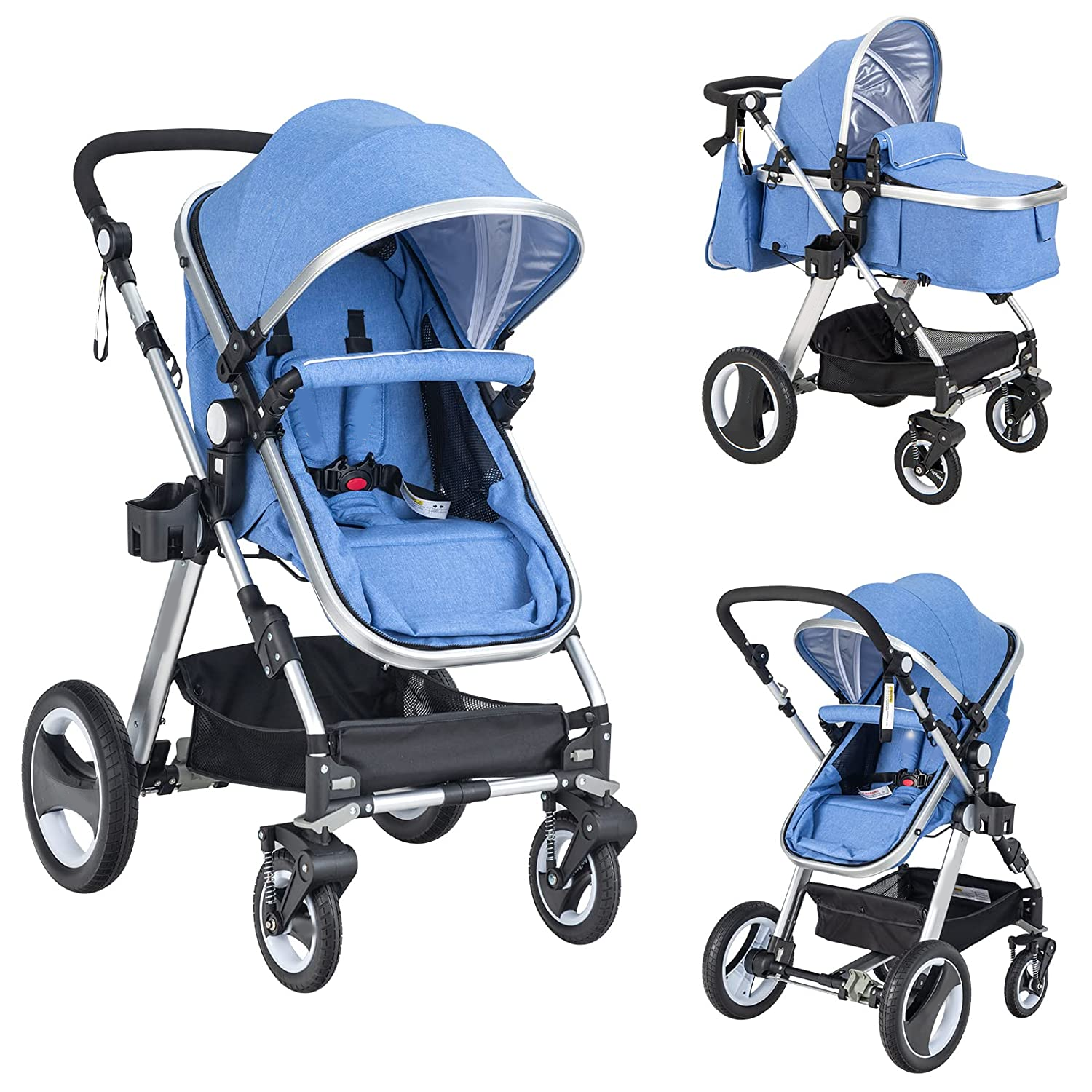Baby Stroller, 2-in-1 Convertible Bassinet Reclining Stroller, Foldable Pram Carriage with 5-Point Harness, Including Cup Holder, Foot Cover, Diaper Bag, Aluminum Structure, Khaki