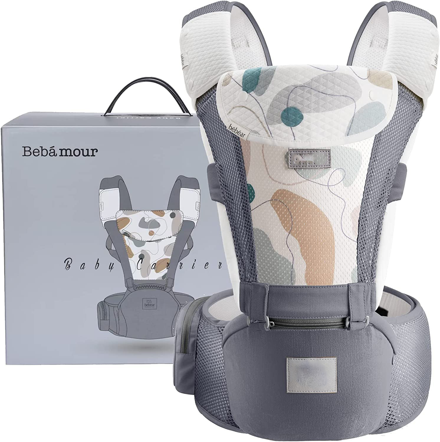 Baby Carrier Newborn to Toddler Baby Hip Carrier with Head Hood,Waist Extender & 3 Pieces Teething Pads (Grey)