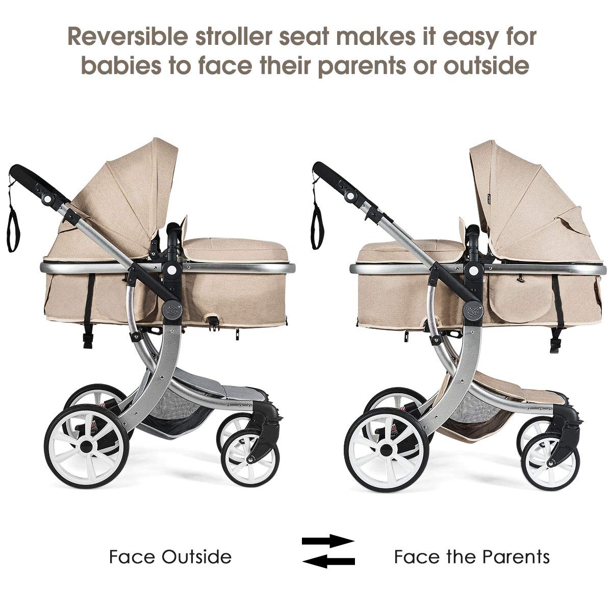 Baby Stroller, High Landscape Convertible Infant Bassinet Stroller, Adjustable Canopy & Backrest, Storage Basket, Foot Cover, Foldable Newborn Carriage Pram Stroller (Gray)