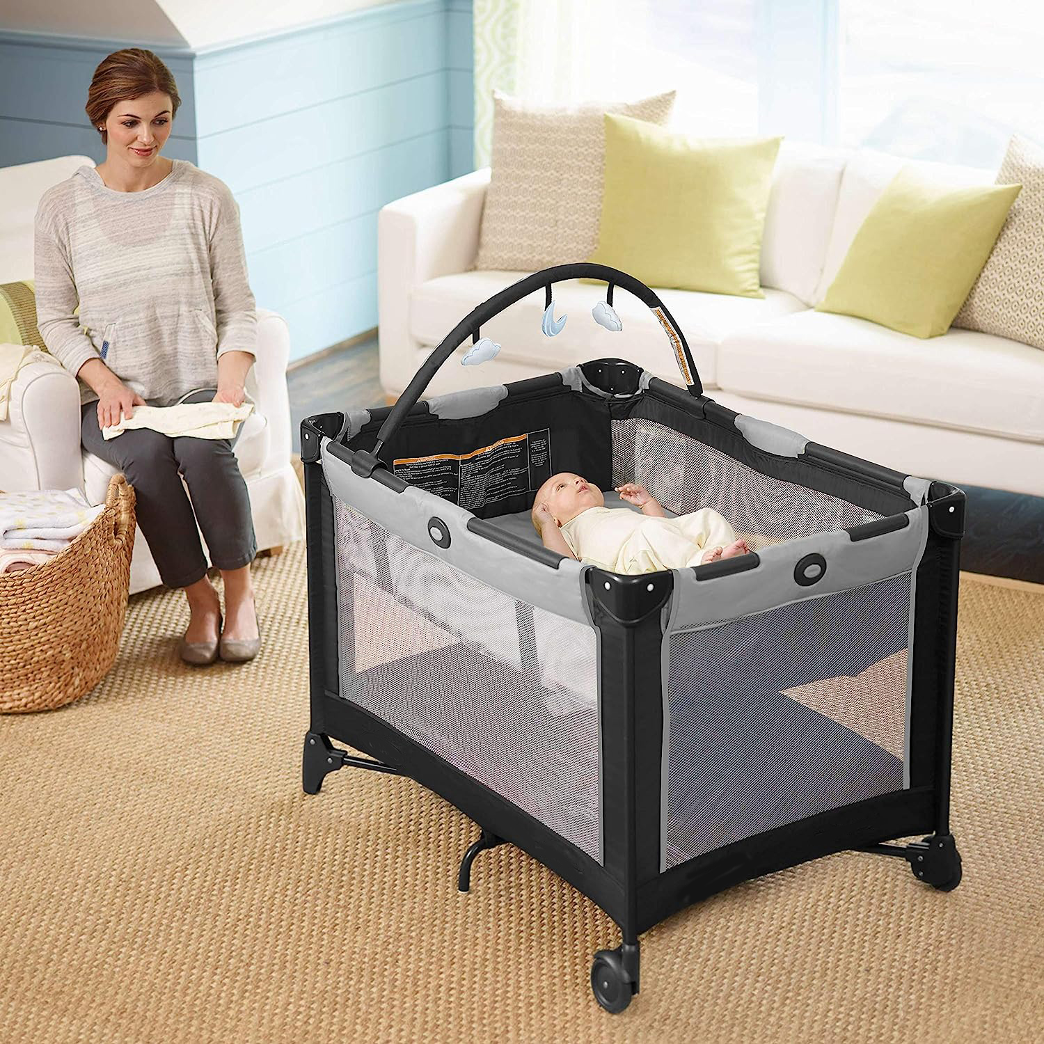 Pack and Play Portable Playard, Push Button Compact Fold, Carnival