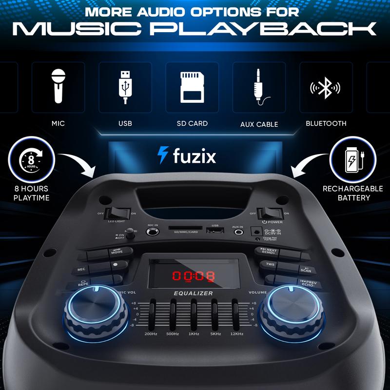 Nova Portable Rechargeable Karaoke Bluetooth Speaker by Fuzix – Dual Wireless Microphones, Dynamic LED Lights, FM Radio, USB, Micro SD with Remote Audio Card Remote Control