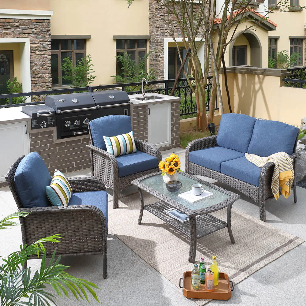 Ovios Patio Furniture Set New August 4 Piece High Back All Weather PE Wicker