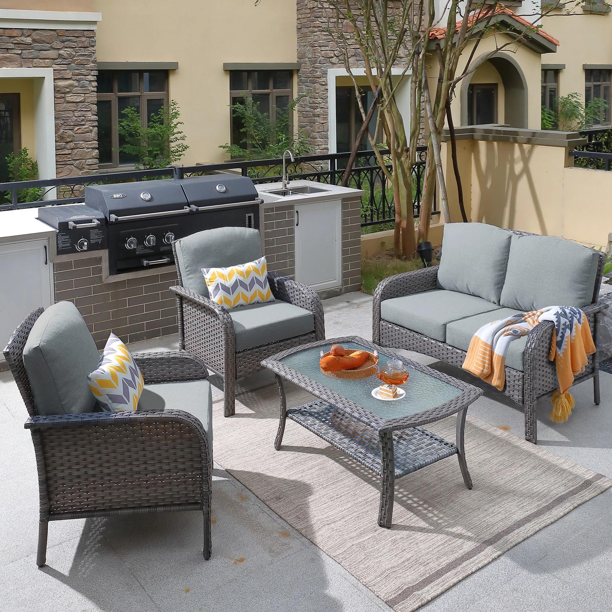 Ovios Patio Furniture Set New August 4 Piece High Back All Weather PE Wicker
