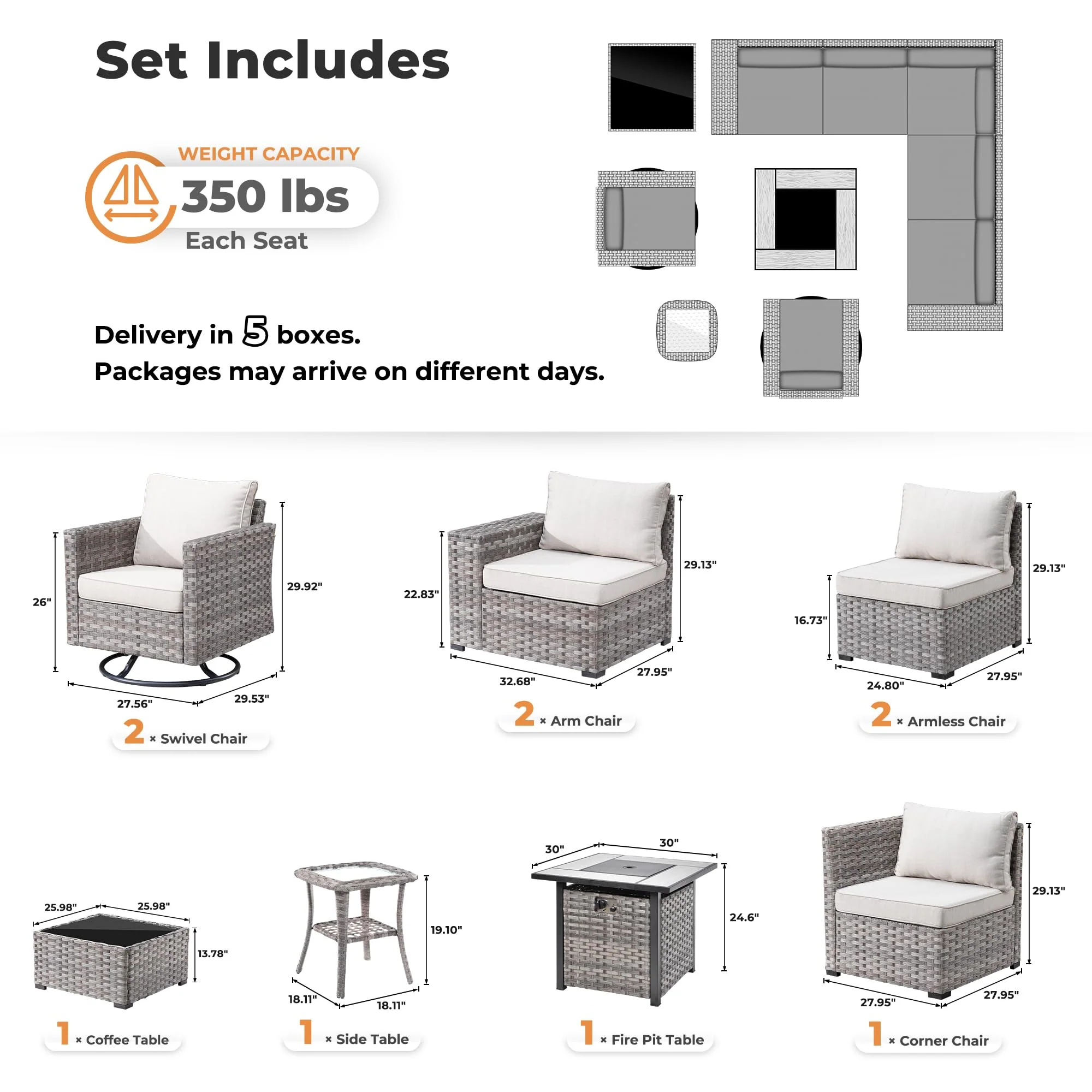 Ovios 10 Pieces Patio Furniture with 7.68'' Handrails and 30'' Fire Pit Table Rocking Chair