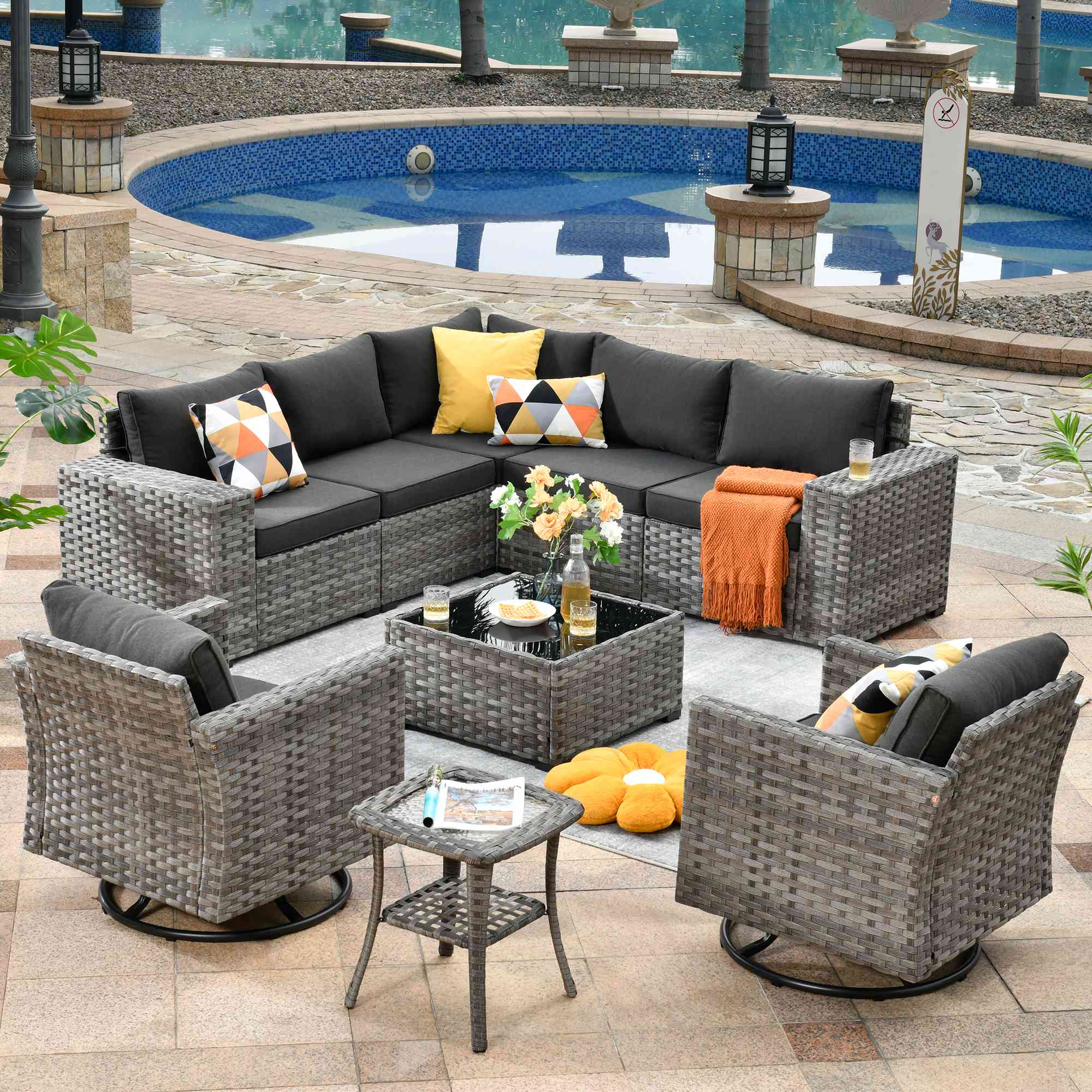 Ovios 9 Pieces Outdoor Furniture with 7.68'' Broad Handrails and Rocking Chair