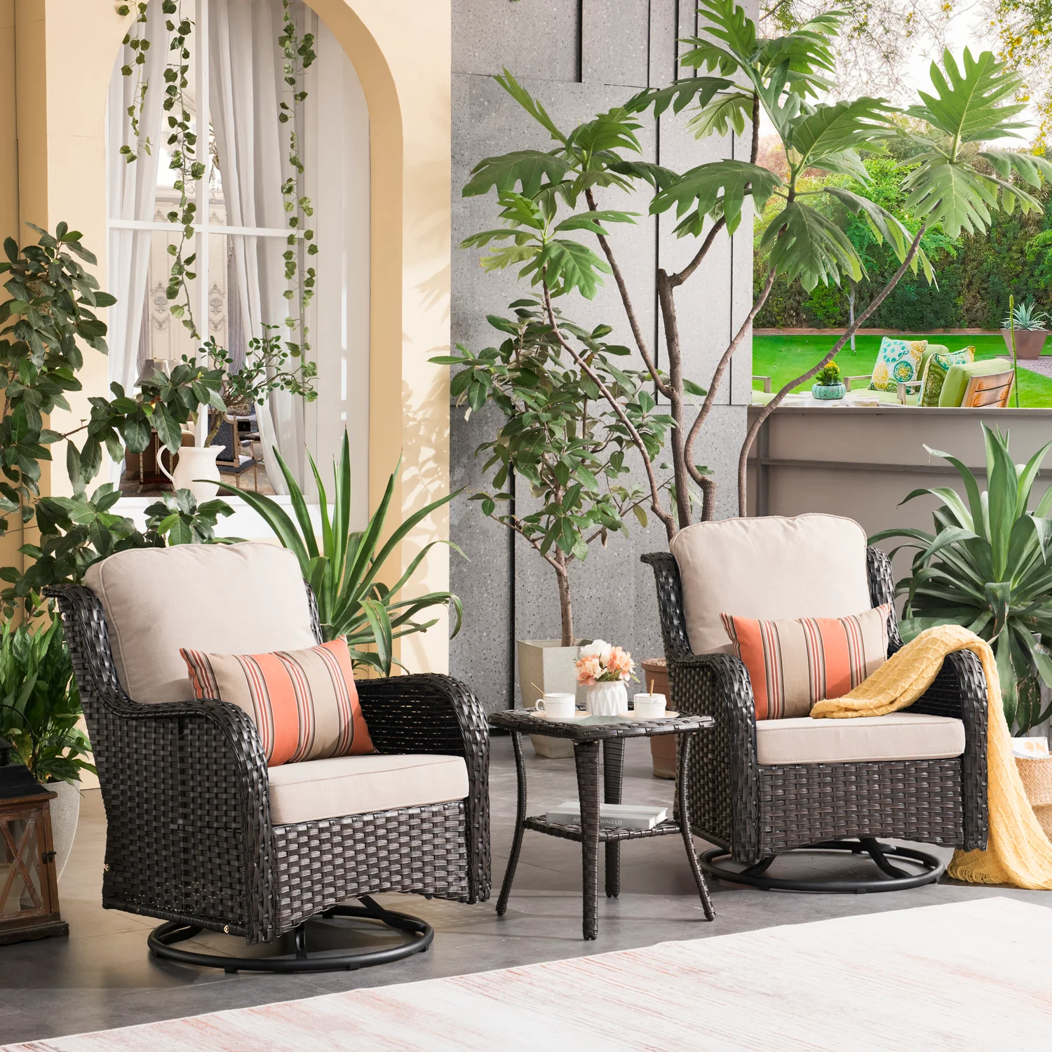 Ovios Patio Furniture Set 3-Piece with Swivel Chairs and Side Table Kenard