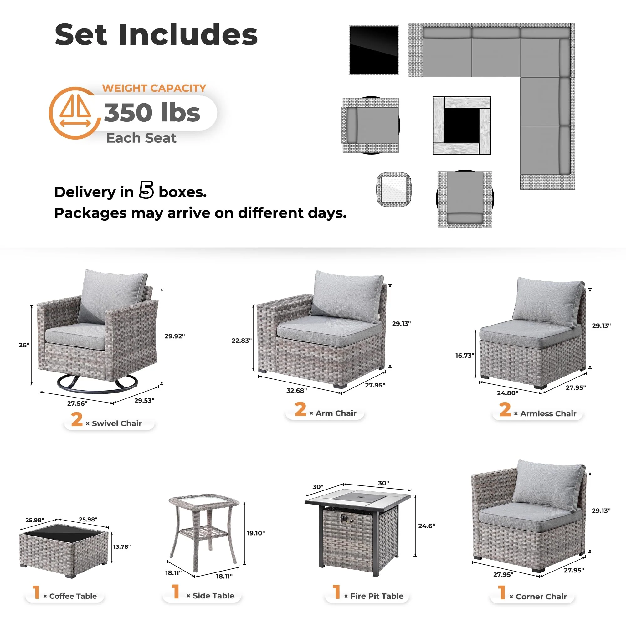 Ovios 10 Pieces Patio Furniture with 7.68'' Handrails and 30'' Fire Pit Table Rocking Chair