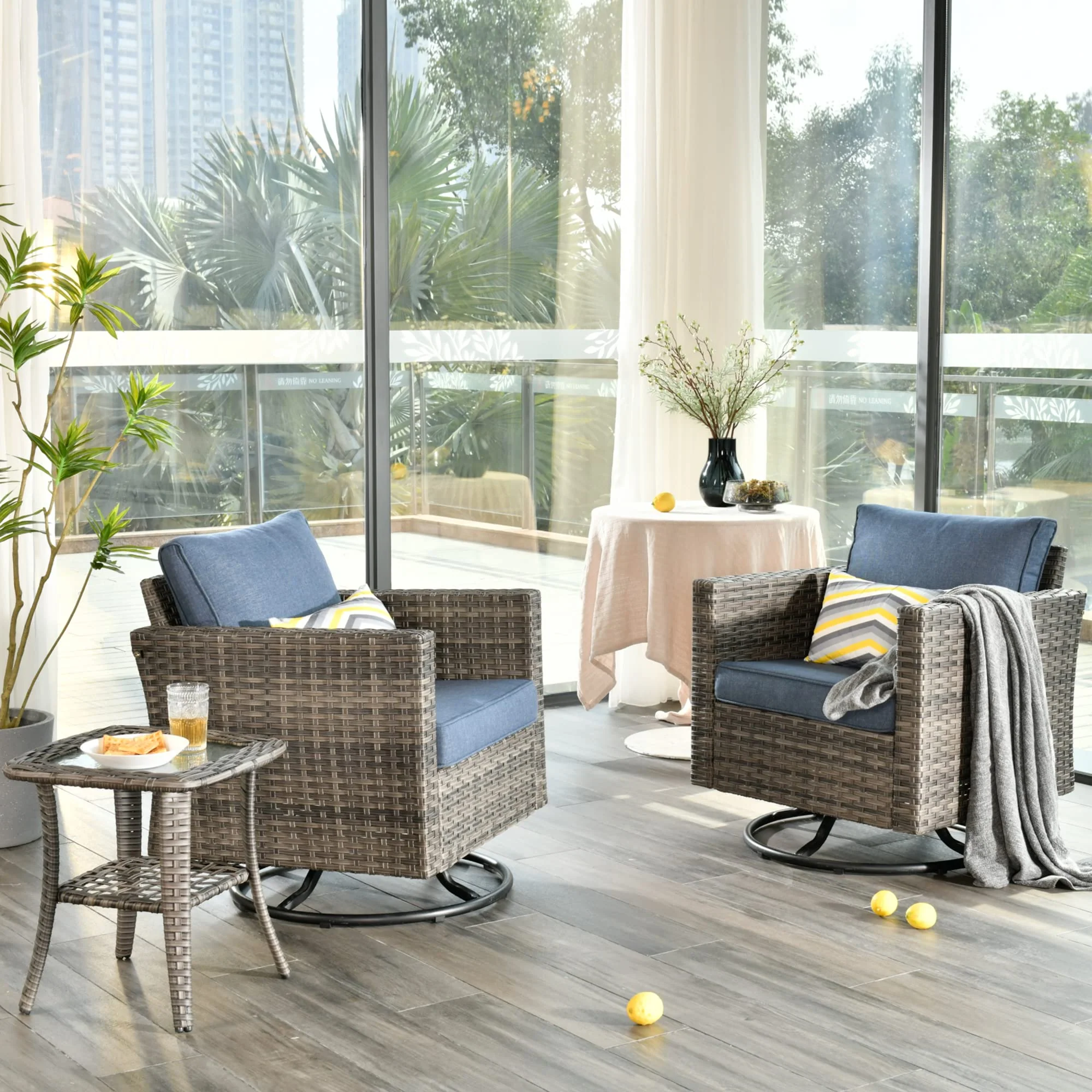 Ovios Patio Furniture 3-Piece Set with Swivel Chairs and Table Square Shape Armrest