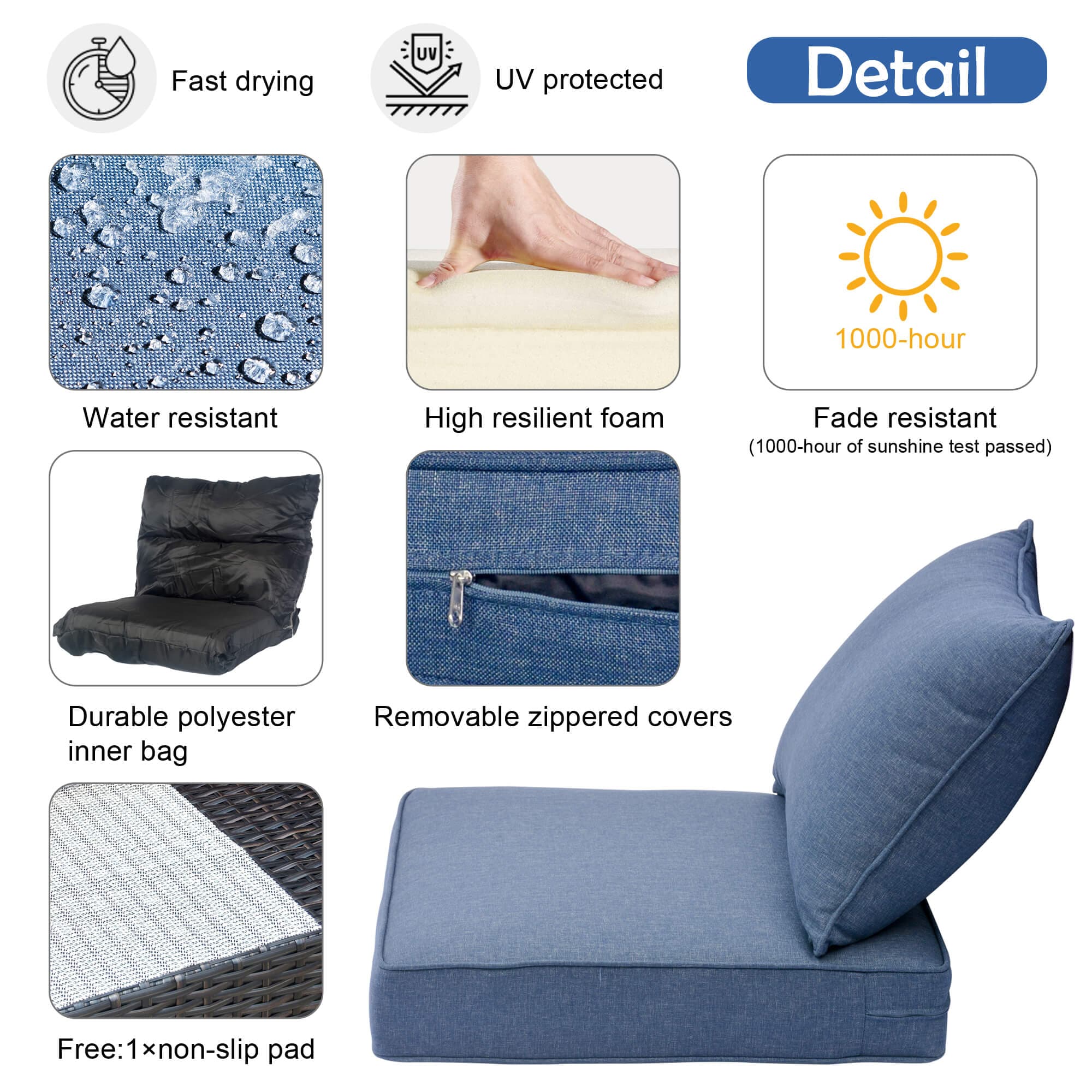 Ovios Replacement Seat Back Cushions Set with Olefin Fabric and Zipper, 24'' x 24'', Not Suitable for Ovios Patio Furniture