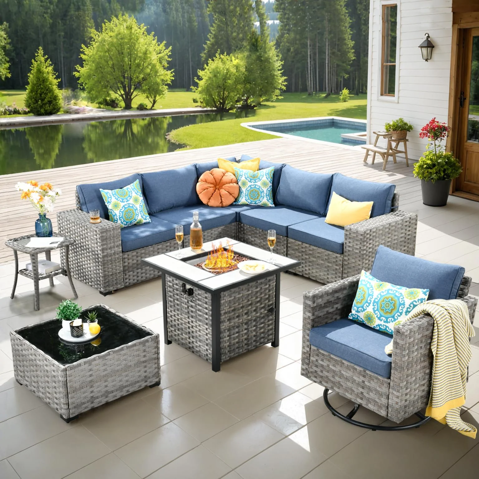 Ovios 9 Pieces Patio Furniture Set, Outdoor Sectional Sofa with Swivel Rocking Chair, 30