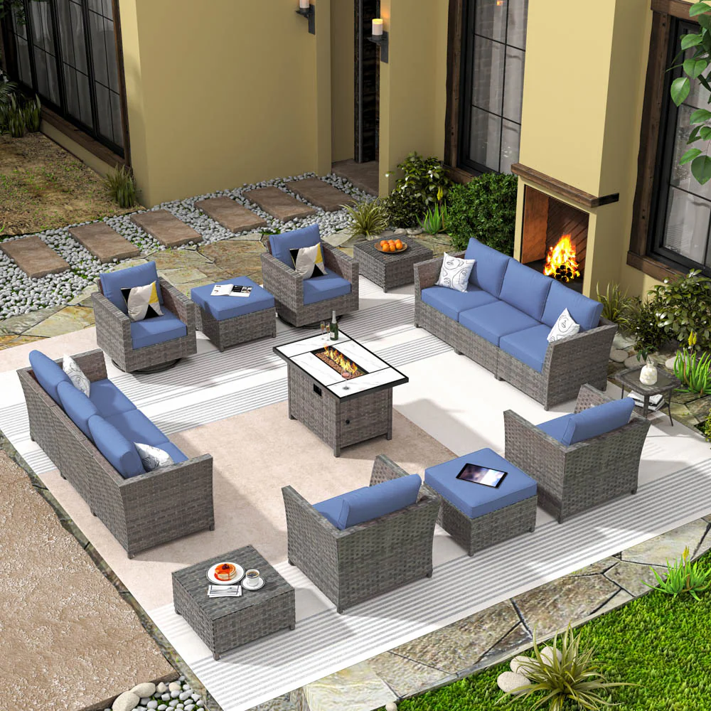 Ovios New Rimaru Series Patio Furniture Set 15-Piece include Swivel Chairs and 42