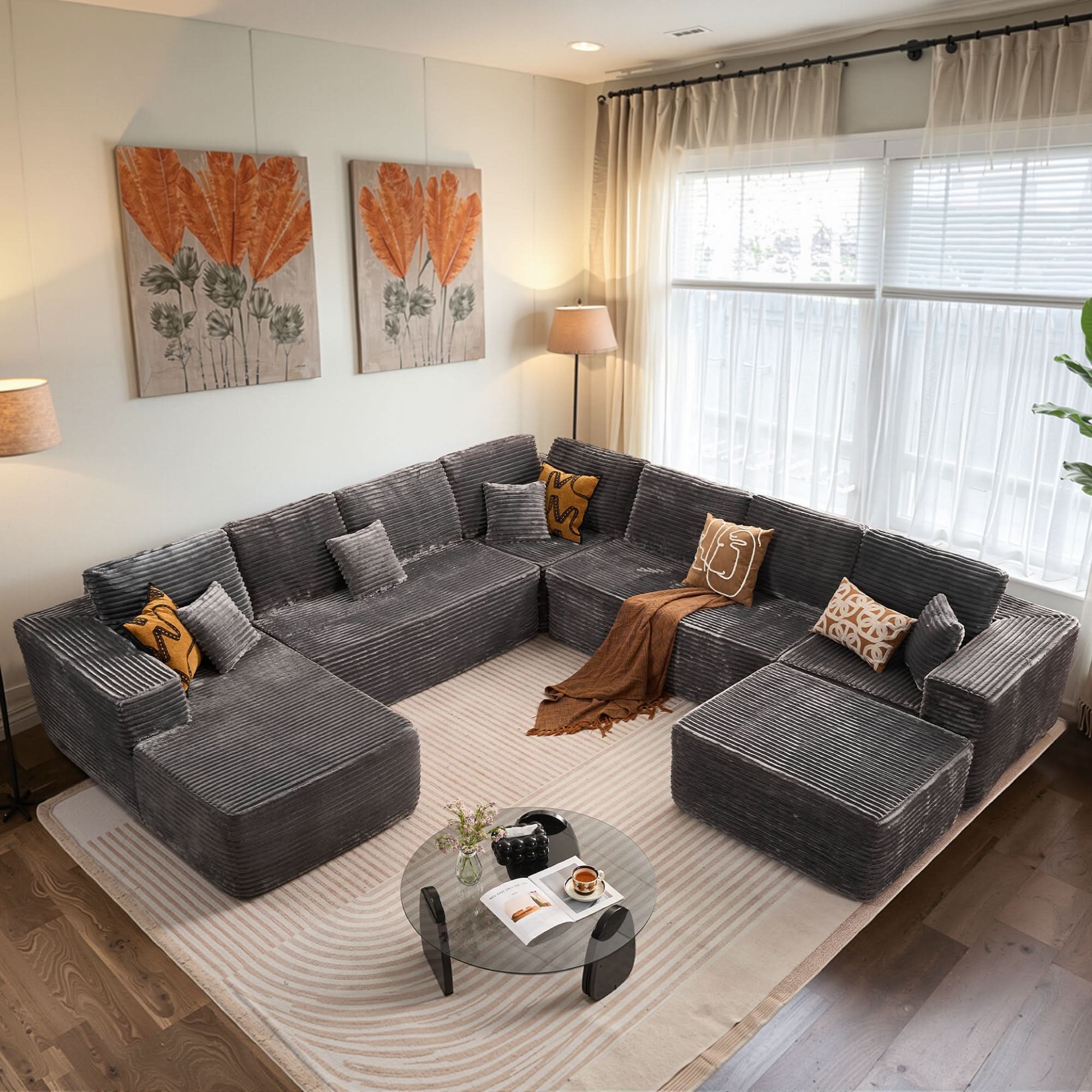 Ovios Cloud Couch U-Shaped,Plush Corduroy Sofa,No Assembly Required