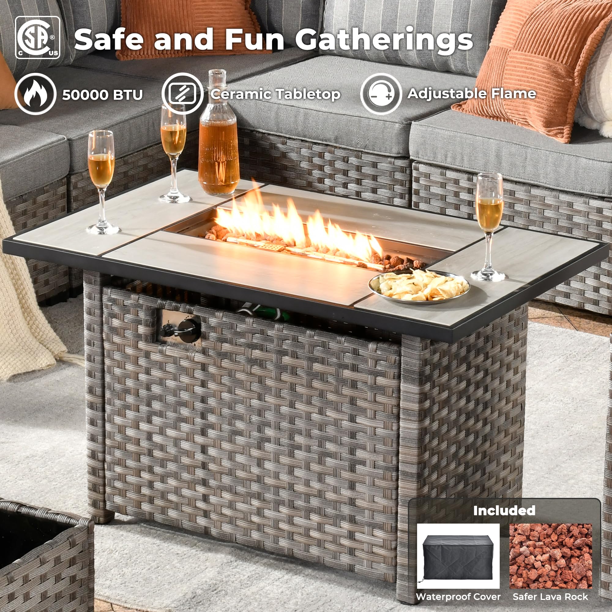 Ovios 13 Pieces Outdoor Furniture with 7.68'' Broad Handrails and Rectangle 42.12'' Fire Pit Table