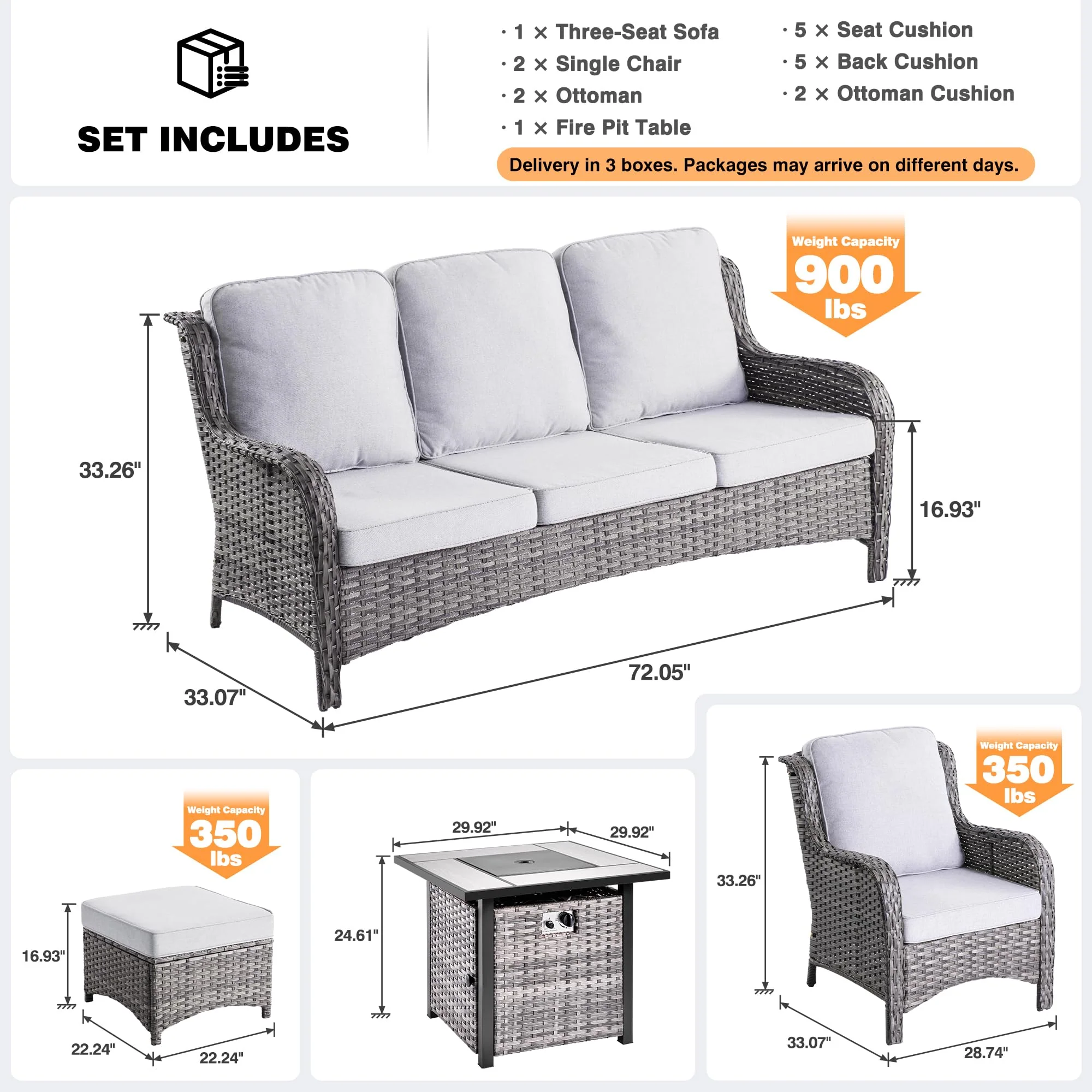 Ovios Patio Conversation Set 6-Piece with 30' Fire Pit Table and Kenard Set