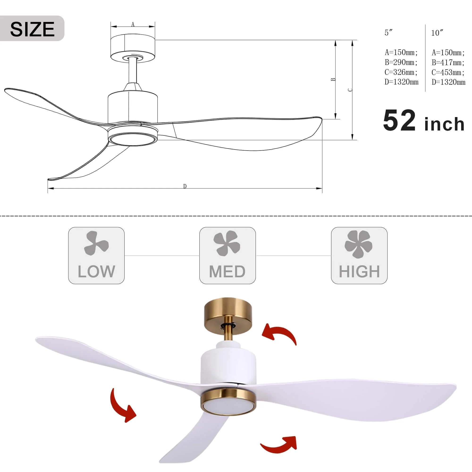Ovios 52'' Ceiling Fan Reversible 3 Blades with Remote Control Lights, DC Motor
