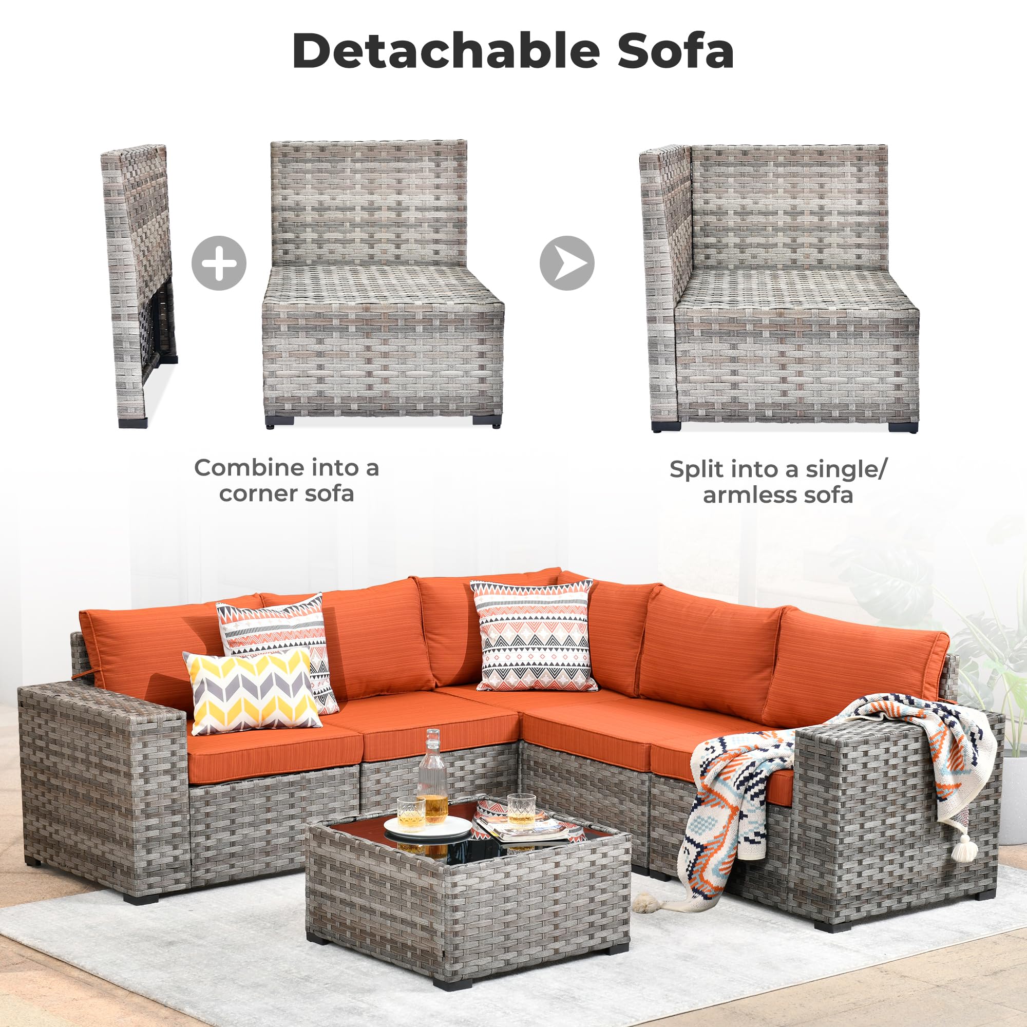 Ovios 6 Pieces Outdoor Sectional Sofa with 7.68'' Broad Handrails