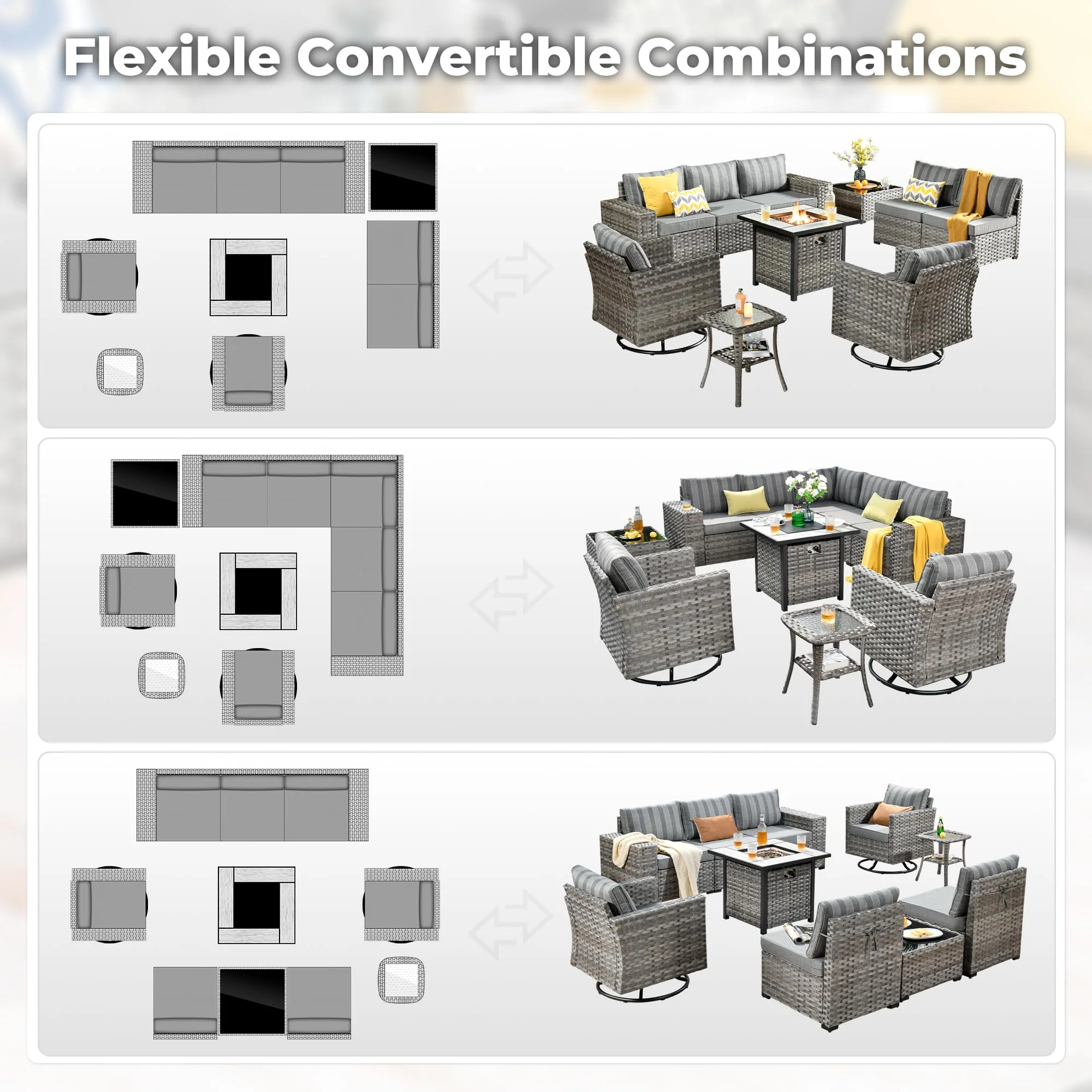 Ovios 10 Pieces Patio Furniture with 7.68'' Handrails and 30'' Fire Pit Table Rocking Chair
