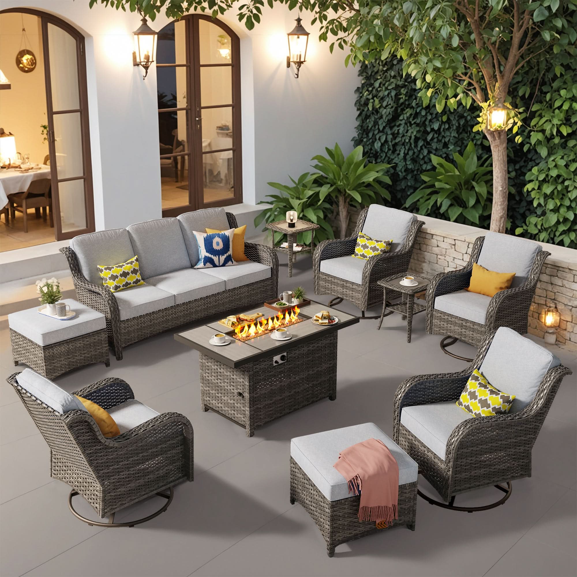 Ovios 10 Pieces Patio Furniture Set with Fire Pit Table Outdoor Wicker Sofa Loveseat and Swivel Rocking Glider Chairs